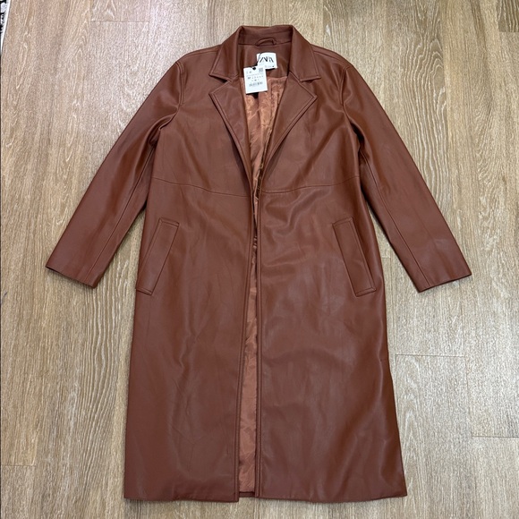Zara Faux Leather Long Duster Blazer Top Coat Trench Jacket Cognac Brown Medium - Picture 7 of 13